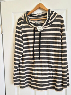 George Striped Hooded Long Sleeve Top in Black & Cream